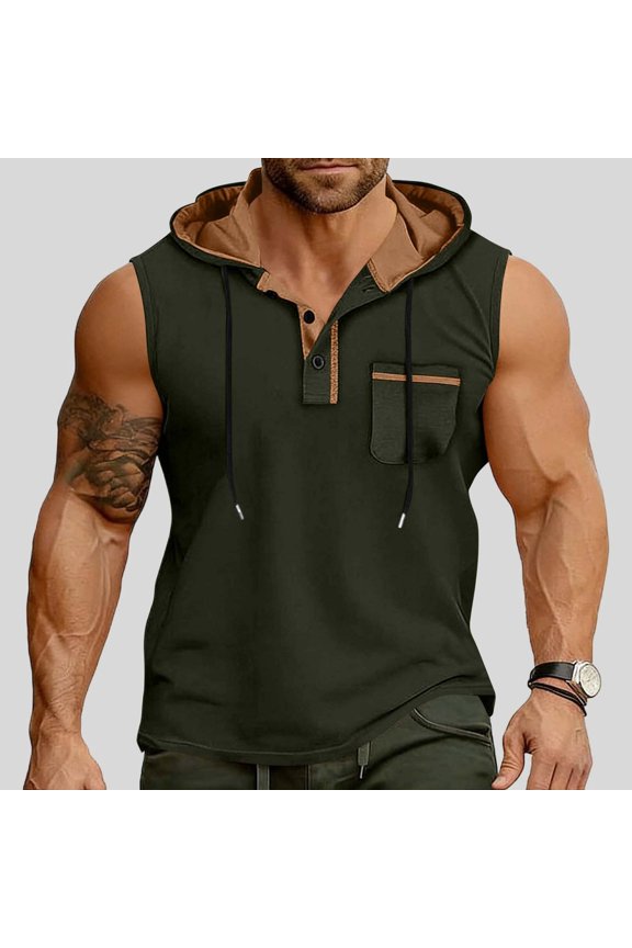 Gym Tank Tops for Men Casual Hooded Vest Stylish Guys Bodybuilding T-Shirt Sleeveless Workout Tee Collared Pullover