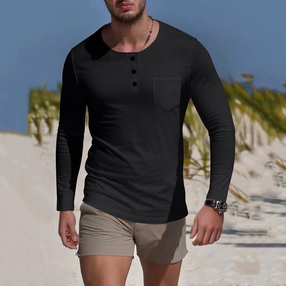 Yaoyar Half Button Casual Shirt for Men, Solid Color Long Sleeve Crewneck Top with Pocket Detail, Relaxed Daily Wear Pullover