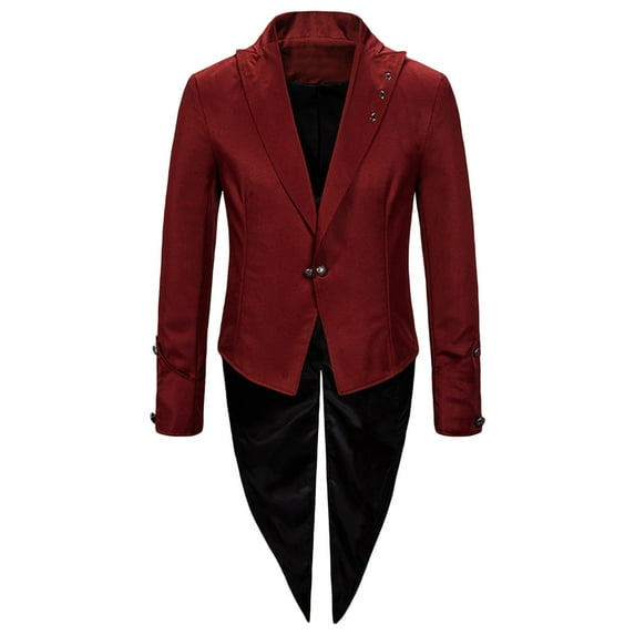 Yaoyar Halloween Men's Gothic Tuxedo Coat Medieval Steampunk Retro Halloween Performance Clothing Slim Long Sleeve Lapel Coat Men's Jacket Wine 4XL