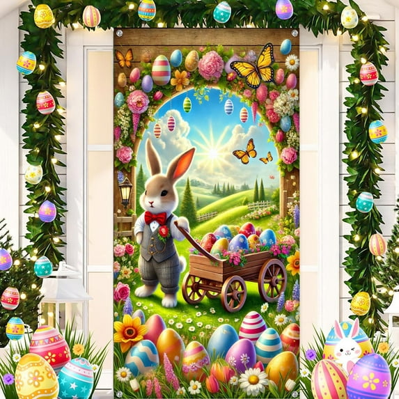 Yaoyar Happy Easter Door Cover Bunny Banner Large Fabric Colorful Spring Welcome Decoration for Easter Party Photo Booth Background Favor Supplies