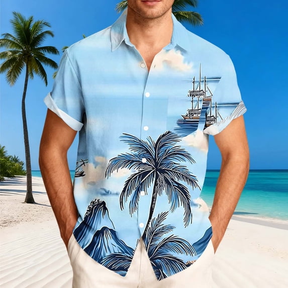 Yaoyar Hawaiian Shirt for Men Turndown Collar Casual Loose Fit Summer Vacation Beach Shirts Short Sleeve Button Up