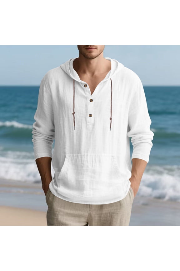 Hooded Half Button Beach Casual Pullover for Men, Long Sleeve Top with Drawstring Hood and Chest Pocket, Crafted for Unwinded Relaxation and Vacation Style