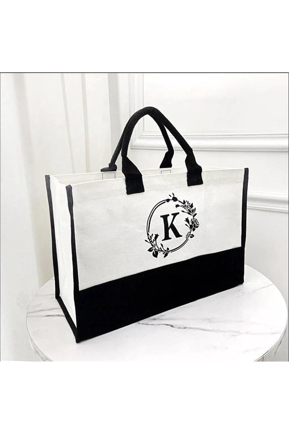 Initial Canvas Tote Bag, Personalized Beach Jute Bag Present for Women Holiday, Friends Birthday Gift, Beach, Wedding