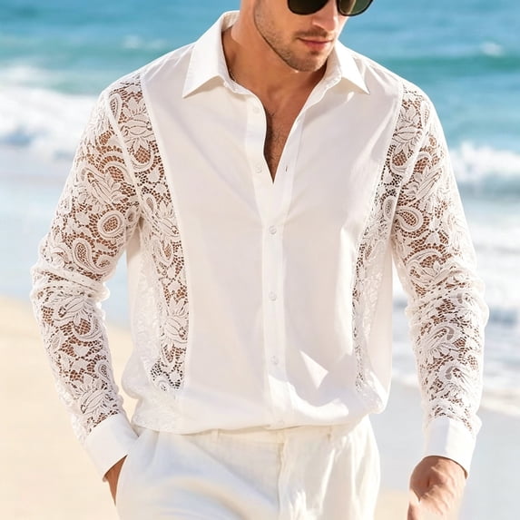 Yaoyar Lace Patchwork Beach Shirts for Men Summer Long Sleeve Loose Button Down Boho Business Casual Shirt