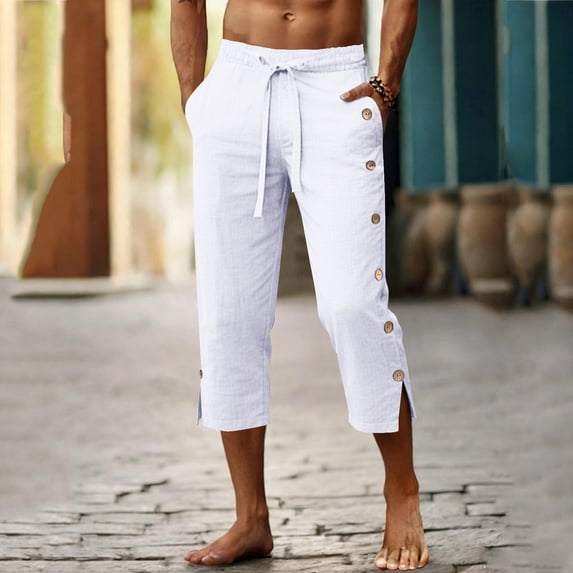Yaoyar Linen Pirate Pants for Men Summer Lightweight 3/4 Pants Vacation Beach Trousers Side-Button Closure Joggers