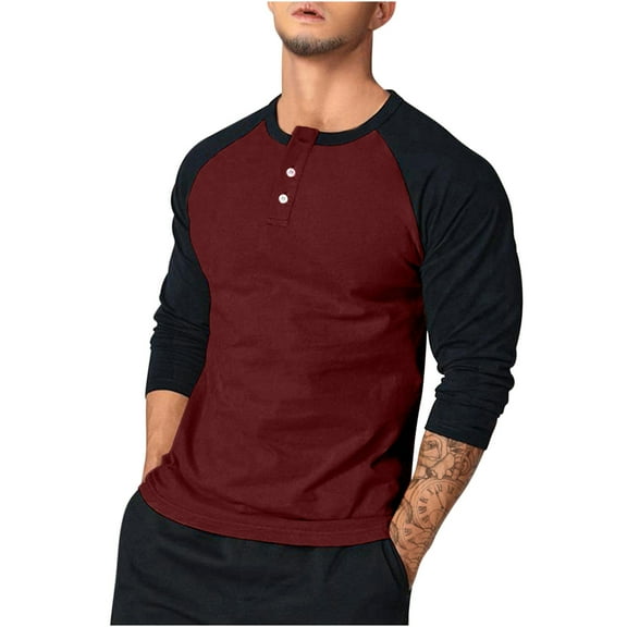 Yaoyar Long Sleeve Henley Shirts for Men - Stylish Casual Fashion Full Sleeves Raglan Mens Baseball Shirt Lightweight Long Sleeve Pullover Top,Red,2XL