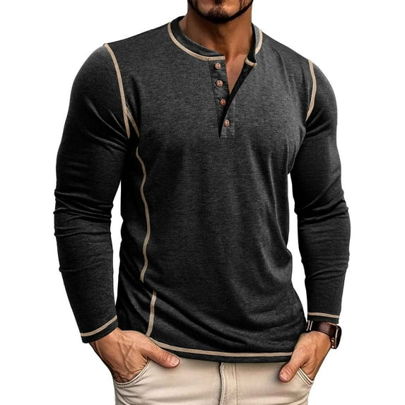 Yaoyar Long Sleeve Henley Shirts for Men - Casual Fashion Solid Color Crew Neck Men's Full Sleeve Tshirts Stretch T-shirt Tops,Black,S