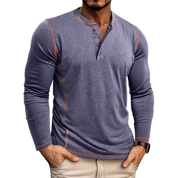 Yaoyar Long Sleeve Henley Shirts for Men - Casual Fashion Solid Color Crew Neck Men's Full Sleeve Tshirts Stretch T-shirt Tops,Dark Blue,2XL