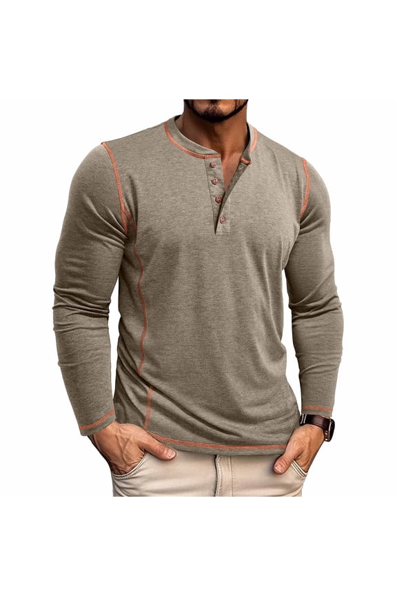 Long Sleeve Henley Shirts for Men - Casual Fashion Solid Color Crew Neck Men's Full Sleeve Tshirts Stretch T-shirt Tops,Khaki,L