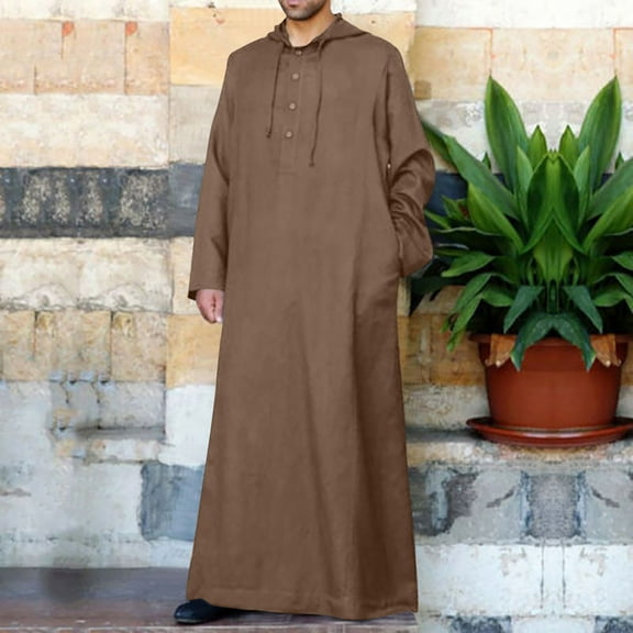 Yaoyar Long Sleeve Hooded Thobe Button down Men Thobe with Pocket Big and Tall Kaftan Muslim Men Thobe