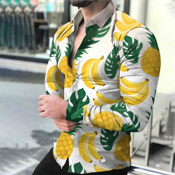 Yaoyar Long Sleeve Tropical Floral Print Shirt for Men, Button Down Collar Resort Top, Hawaiian Summer and Outdoor Party Wear