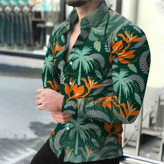 Yaoyar Long Sleeve Tropical Floral Print Shirt for Men, Button Down Collar Resort Top, Hawaiian Summer and Outdoor Party Wear