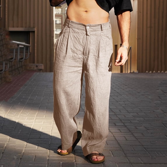 Yaoyar Man Lightweight Loose Fit Pleated Slacks Cotton Summer Beach Yoga Trousers Solid-Color Loose Casual-Linen Button Zipper Full Length Pants