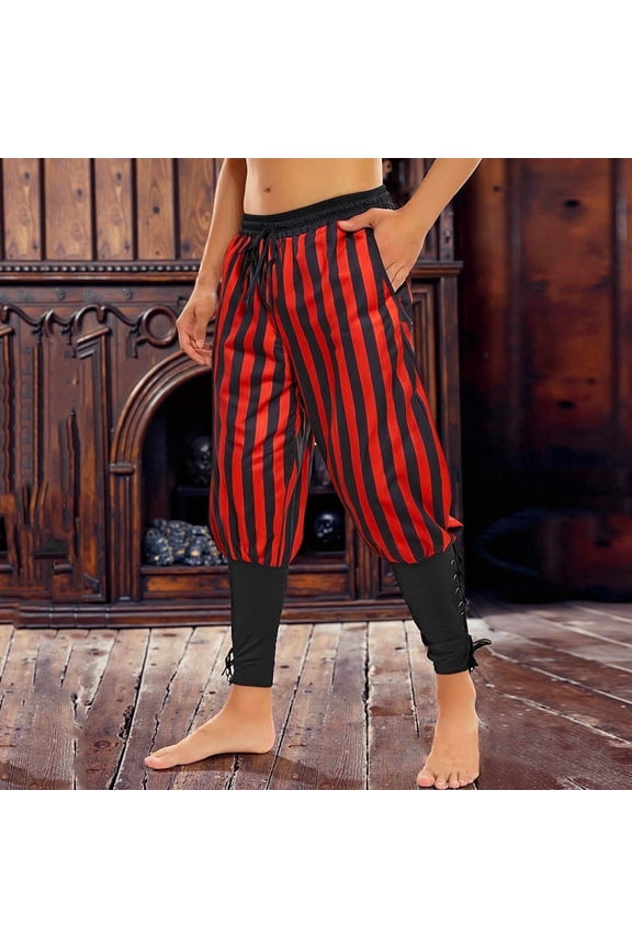 Man Pirate Pants Viking Renaissance Gothic Medieval Navigator Halloween Costume Striped Patchwork Drawstring Leggings Medieval Halloween Pirate Pants Long Pants