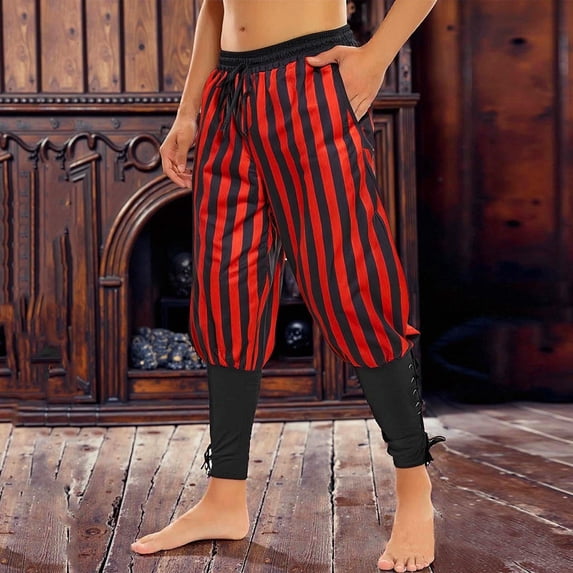 Yaoyar Man Pirate Pants Viking Renaissance Gothic Medieval Navigator Halloween Costume Striped Patchwork Drawstring Leggings Medieval Halloween Pirate Pants Long Pants