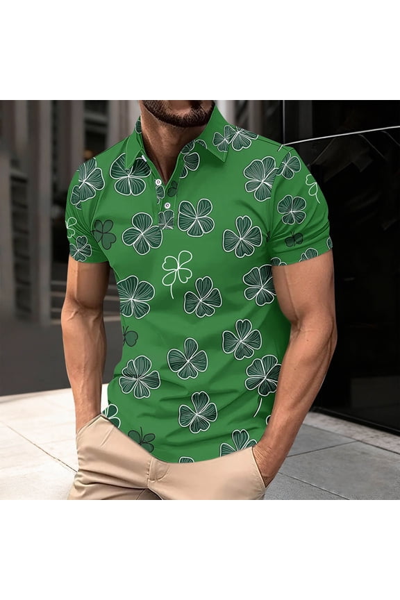 Man St. Patrick's Day Lucky Shamrock Print Short Sleeve Lapel Hawaiian Summer Beach Button-Up Top Funny Irish Tees Cool Party Tees