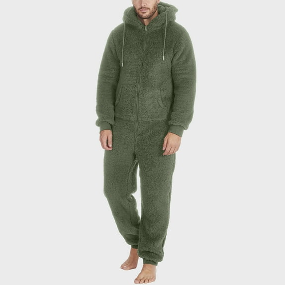 Yaoyar Matching Pajamas for Men, Ultra Soft Warm Long Sleeve Hooded Zipper Jumpsuit Set Winter Thick Warm Sleepwear Army Green 4XL