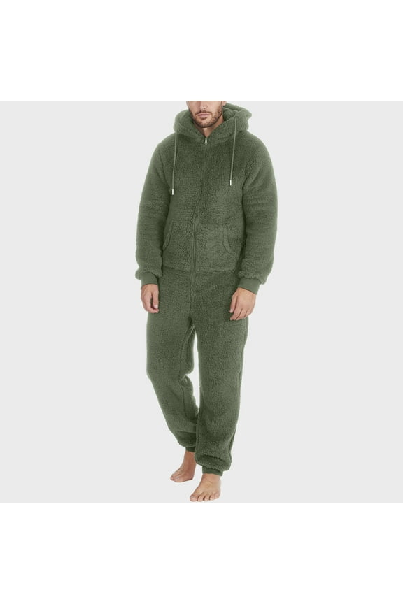 Matching Pajamas for Men, Ultra Soft Warm Long Sleeve Hooded Zipper Jumpsuit Set Winter Thick Warm Sleepwear Army Green M