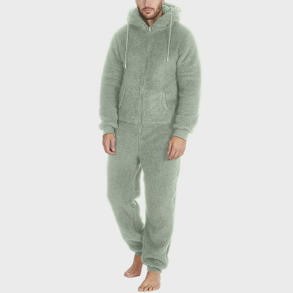 Yaoyar Matching Pajamas for Men, Ultra Soft Warm Long Sleeve Hooded Zipper Jumpsuit Set Winter Thick Warm Sleepwear Green XL