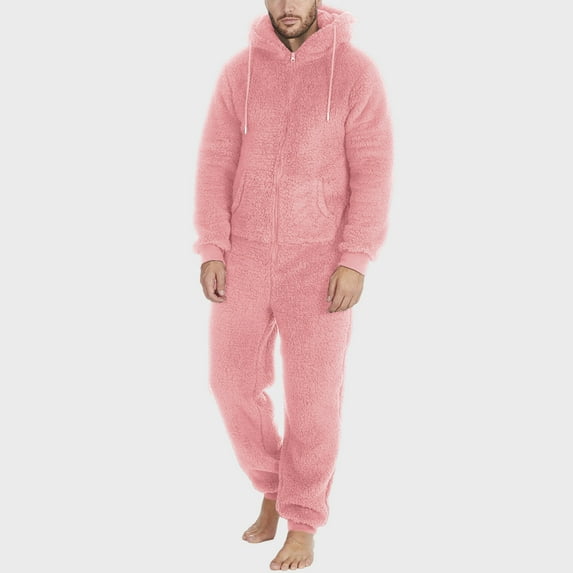 Yaoyar Matching Pajamas for Men, Ultra Soft Warm Long Sleeve Hooded Zipper Jumpsuit Set Winter Thick Warm Sleepwear Pink M