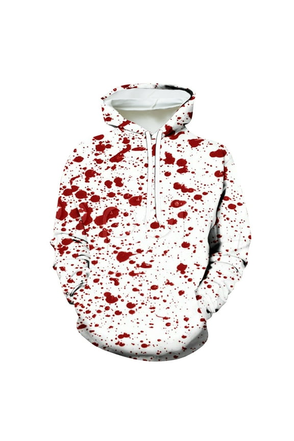Men Casual Fashion Hallowmas Bloodstain Element Hooded Sweatshirts Round Neck Print Pullover Long Sleeve Tops Sweatshirt White L