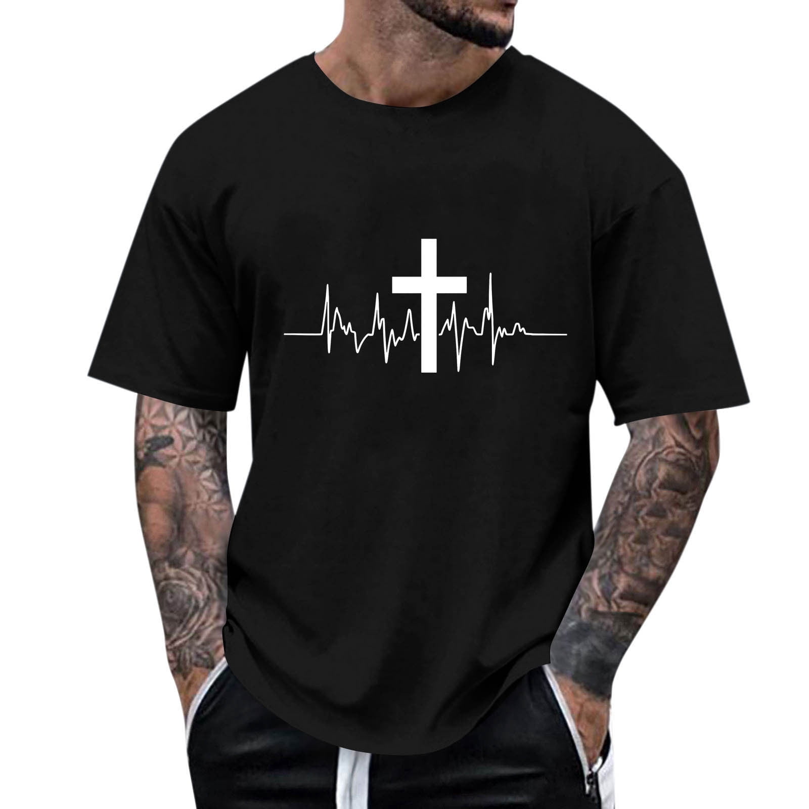 Yaoyar Men Casual Minimalist Jesus Cross Print Round Neck Pullover T ...