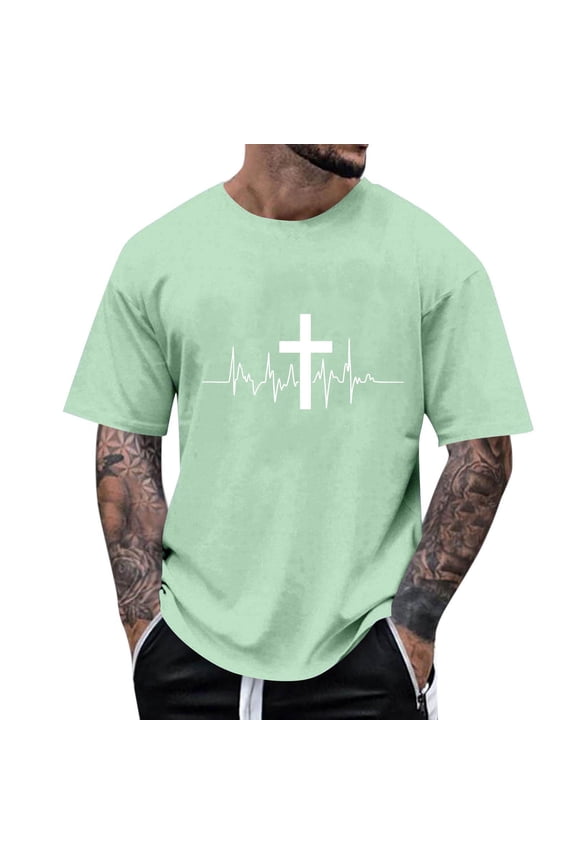 Men Casual Minimalist Jesus Cross Print Round Neck Pullover T-Shirt Short Sleeve Funny Graphic Tees Tops Christian Religious Bible Loose Casual T Shirts