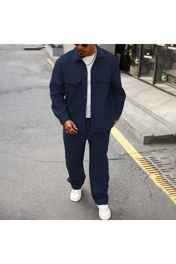 Men Casual Outfit Set Solid Color Lapel Long-Sleeve Button Jacket with Elastic Waist Drawstring Pants Sporty Two-Piece Set for Casual Wear Outdoor Activities and Sports