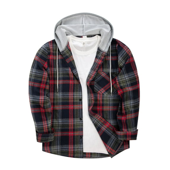 Yaoyar Men Casual Patchwork Fashion Plaid Hooded Button Long Sleeve Young Men’s Hoodies Plaid Hoodies With Pocket Sweatshirt,Red,S