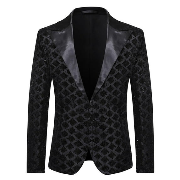Yaoyar Men Casual Sequin Blazer Jacket Stylish One Button Dance Dinner Stage Performance Suit Jackets Black S