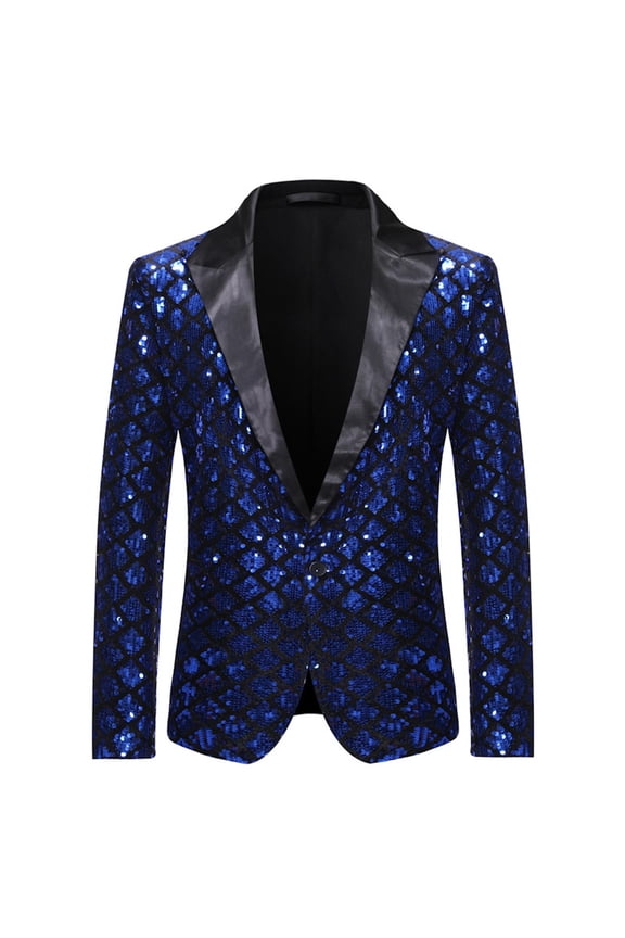 Men Casual Sequin Blazer Jacket Stylish One Button Dance Dinner Stage Performance Suit Jackets Blue L