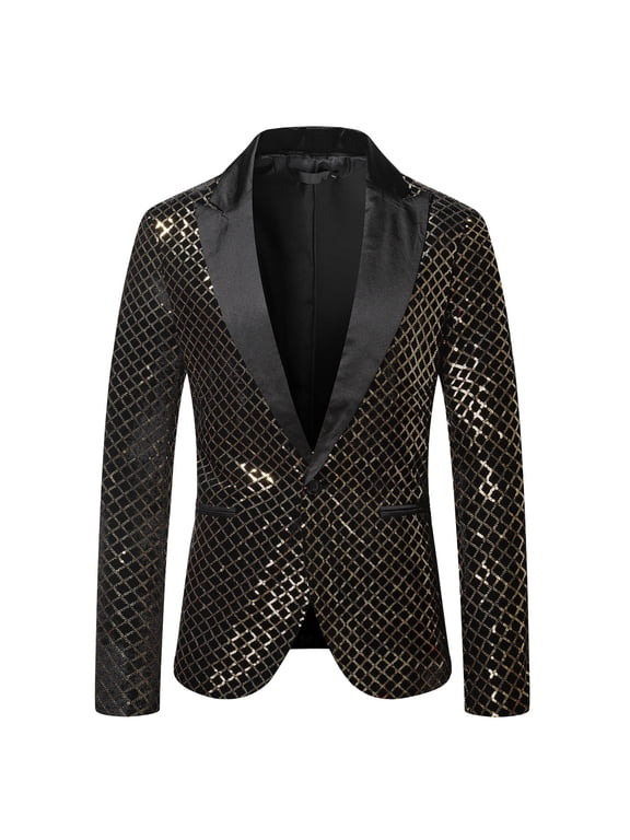 Men Casual Sequin Blazer Jacket Stylish One Button Dance Dinner Stage Performance Suit Jackets Gold 2XL