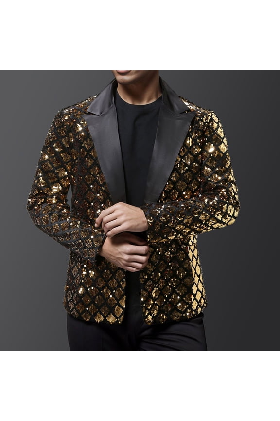 Men Casual Sequin Blazer Jacket Stylish One Button Dance Dinner Stage Performance Suit Jackets Gold L