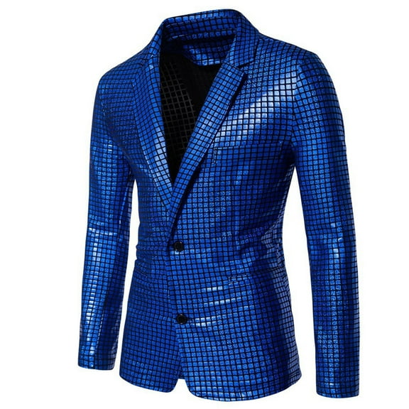 Yaoyar Men Casual Sequin Blazer Jacket Stylish Two Button Dance Dinner Stage Performance Suit Jackets Blue M