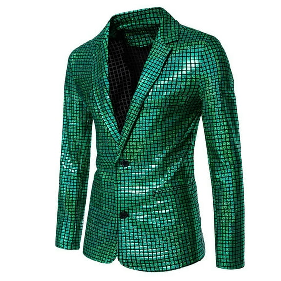 Yaoyar Men Casual Sequin Blazer Jacket Stylish Two Button Dance Dinner Stage Performance Suit Jackets Green S