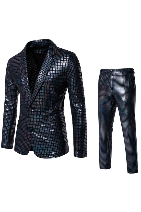Men Disco Dress Costume 2 Piece Set Metallic Glitter Jacket Blazer and Two Button Suit Set Black L
