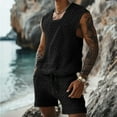 thumbnail image 1 of Yaoyar Men Fashion Casual Solid Sleeveless Hollow Out Set Blouse And Pants Suit Drawstring Shorts Sets Short Sets for Men 2 Piece Outfit Beach Short, 1 of 6