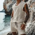 thumbnail image 1 of Yaoyar Men Fashion Casual Solid Sleeveless Hollow Out Set Blouse And Pants Suit Drawstring Shorts Sets Short Sets for Men 2 Piece Outfit Beach Short, 1 of 5