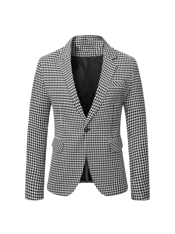 Men Fashion Houndstooth Print Blazer for Men's Slim Fit Notched Laple Plaid Casual Suit Coat Black 2XL