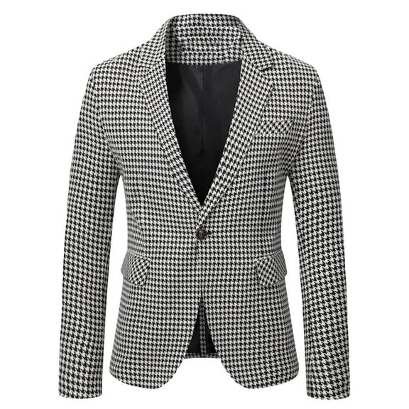 Yaoyar Men Fashion Houndstooth Print Blazer for Men's Slim Fit Notched Laple Plaid Casual Suit Coat Black L