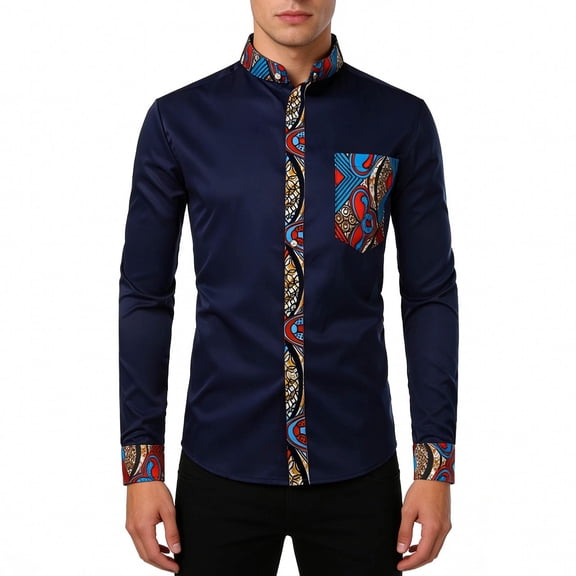 Yaoyar Men Fashion Printed Casual Shirt Pocket Buttoned Long Sleeve Stand-Up Collar Shirt Slim Fit Floral Print Shirt