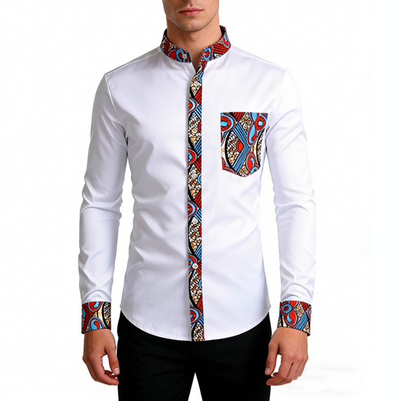 Yaoyar Men Fashion Printed Casual Shirt Pocket Buttoned Long Sleeve Stand-Up Collar Shirt Slim Fit Floral Print Shirt
