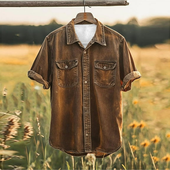 Yaoyar Men Fashionable Vintage Printing Pocket Casual Short Sleeve Turndown Collar Shirt Lightweight Button Shirt