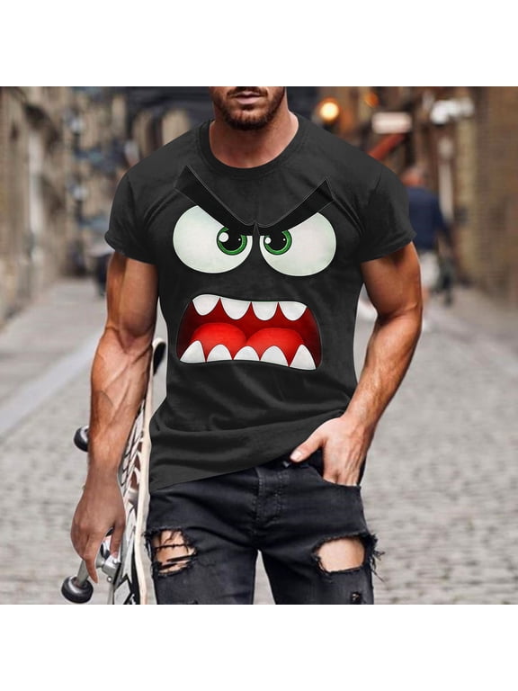 Men Funny Cartoon Face Print T-Shirts Short Sleeve Casual Novelty Tees Shirts for Streetwear Party