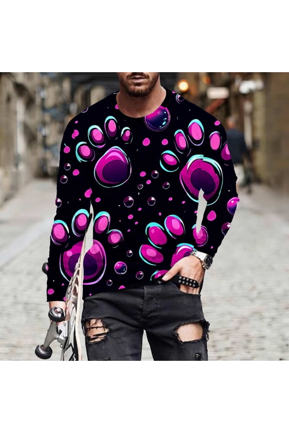 Men Funny Puppy Paw Print Long Sleeve Round Neck Pullover T-Shirt Top Hiking Workout Athletic T Shirt Long Sleeve Casual Outdoor Tops
