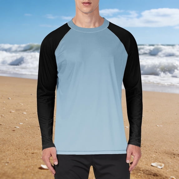 Yaoyar Men Ice Silk Sun Protection UPF 50+ Long Sleeve Casual Long Sleeve Pullover Patchwork Printed Round Collar Athletic Shirt Rash Guard Quick Dry