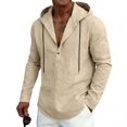 thumbnail image 1 of Yaoyar Men Lightweight Linen Blend Hoodie Shirt Long Sleeve V Neck Button Down Casual Pullover with Adjustable Drawstring, 1 of 9