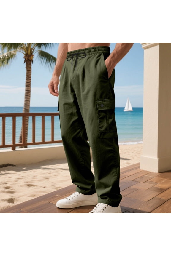 Men Multi-Pocket Micro Elastic Casual Pant Loose Straight Trouser Classic Baggy Long Sport Pants