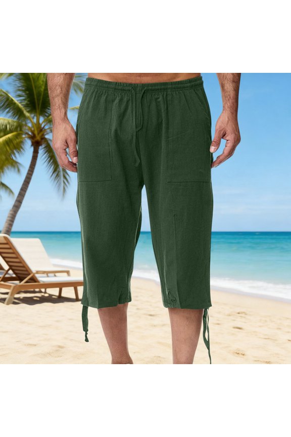 Men Pants Casual Beach Cotton Linen Short Trousers Running Workout Tapered Joggers Stylish Elastic Drawstring Capris