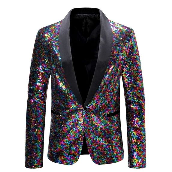Yaoyar Men Shiny Sequin Blazer Jacket Stylish One Button Tuxedo Suit Jackets for Dance Party Dinner Prom Multicolor S